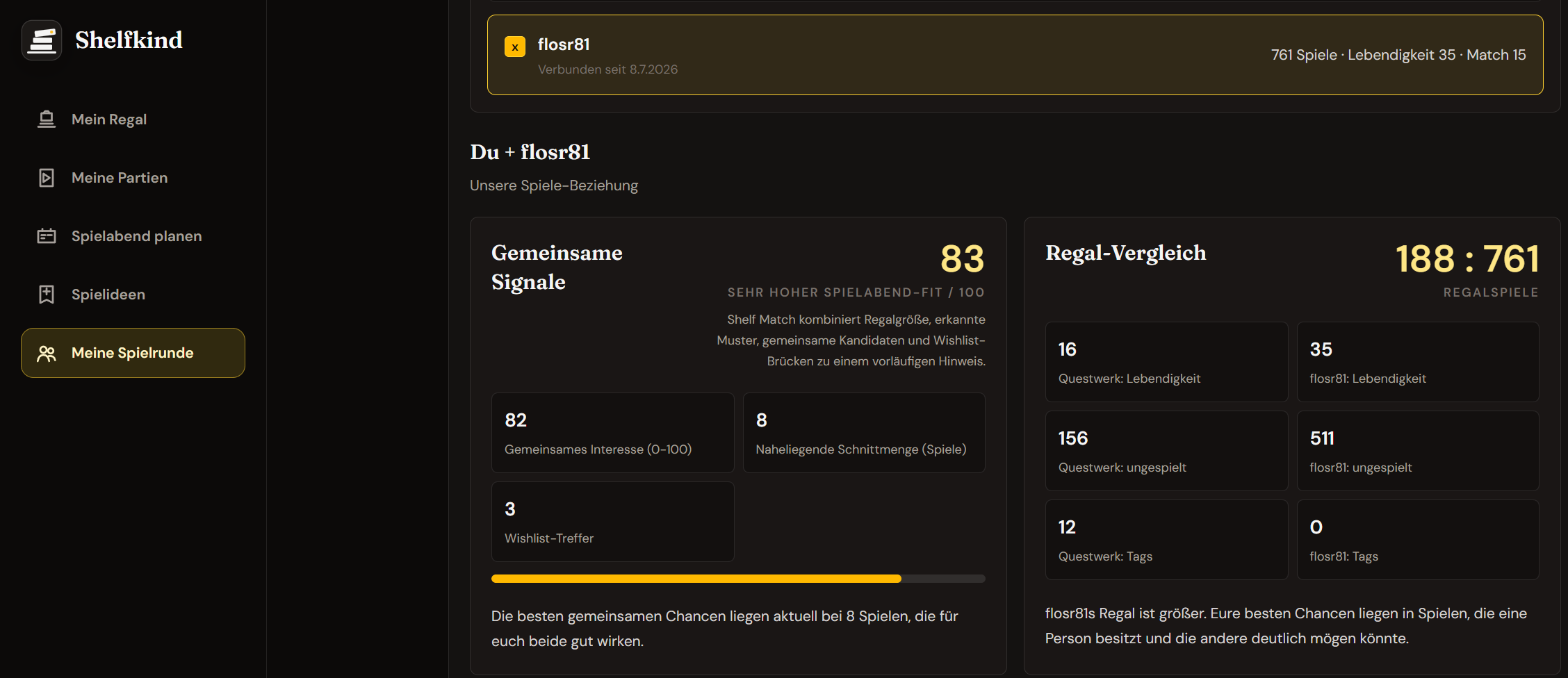 Shelfkind vergleicht zwei verbundene Brettspielregale und zeigt gemeinsame Signale sowie passende Spiele.